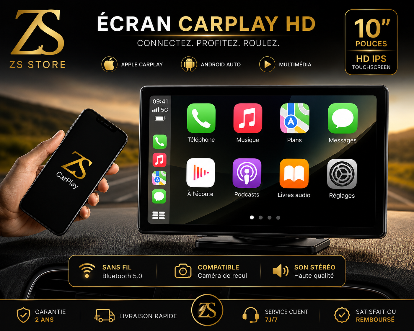Écran CarPlay 10” Premium™ | Apple CarPlay, Android Auto & Caméra de Recul Intelligente