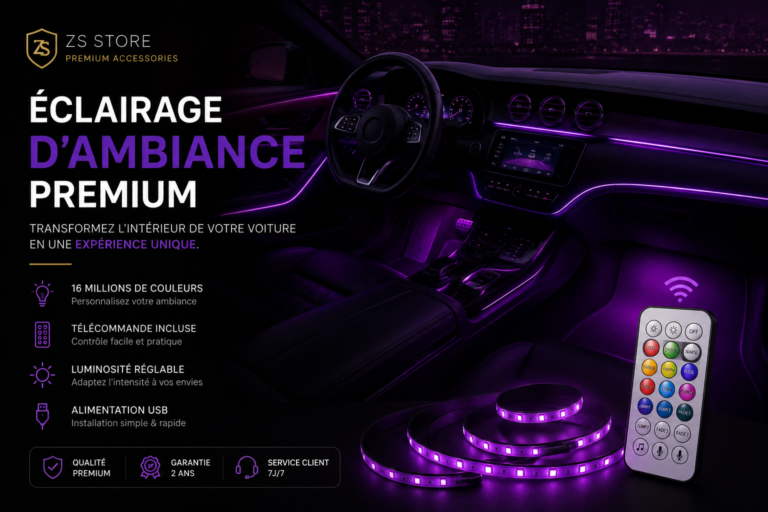 Éclairage d’Ambiance Violet Premium™ | Intérieur Voiture LED USB