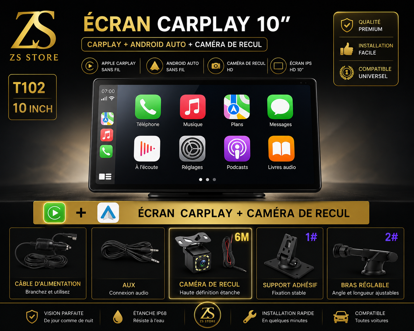 Écran CarPlay 10” Premium™ | Apple CarPlay, Android Auto & Caméra de Recul Intelligente