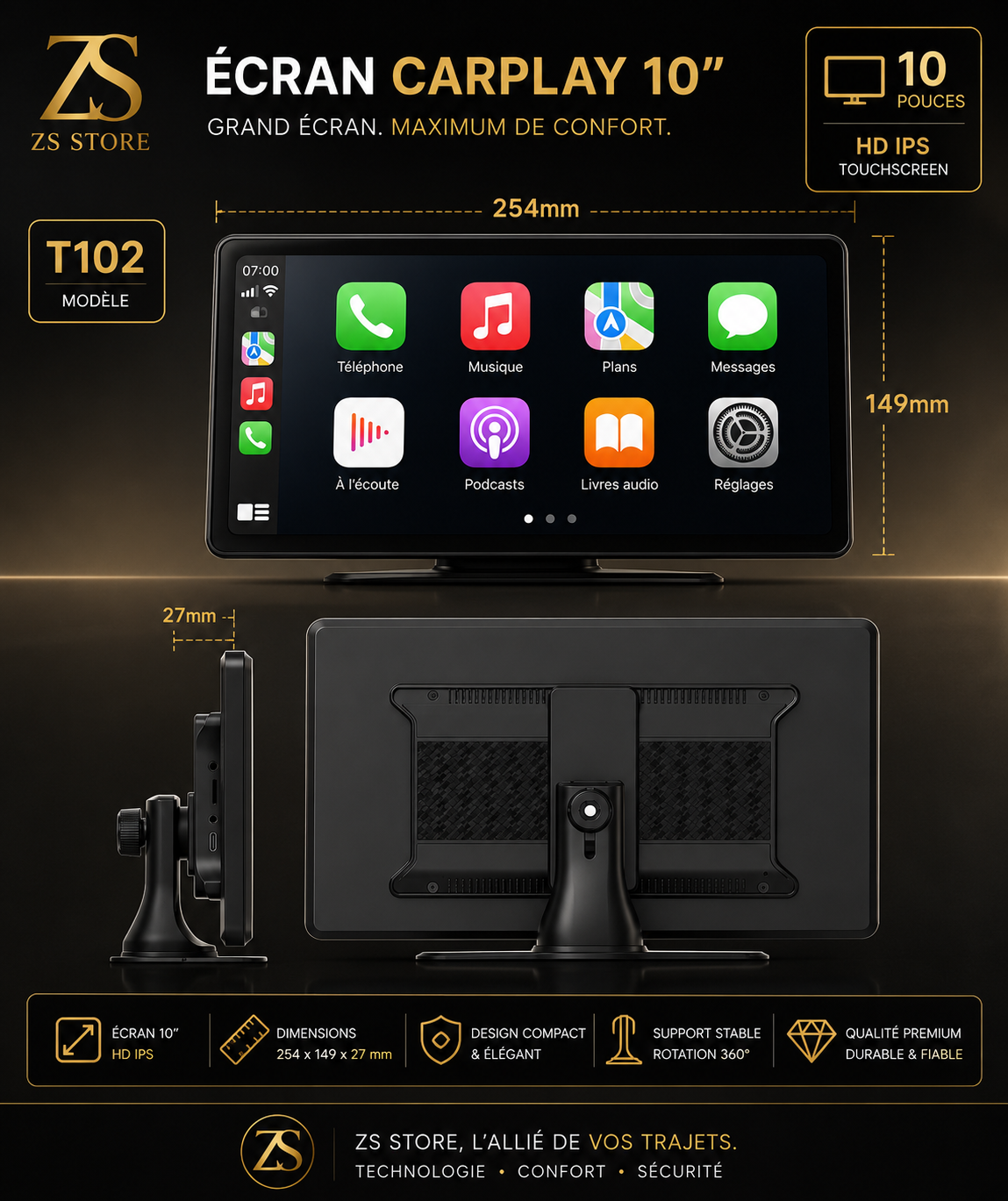 Écran CarPlay 10” Premium™ | Apple CarPlay, Android Auto & Caméra de Recul Intelligente